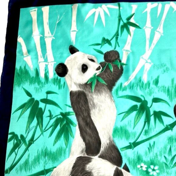 NWOT Silk Triangle Brand Scarf Panda Print Hand Rolled and Printed 29” Square - Picture 6 of 9